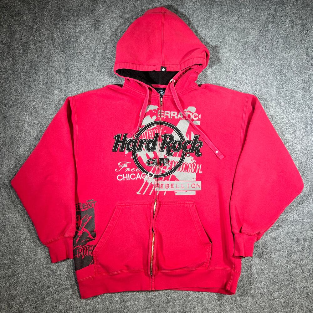 Y2K Hard Rock Cafe Chicago Hoodie Large Red Sweatshirt Rock Rebellion